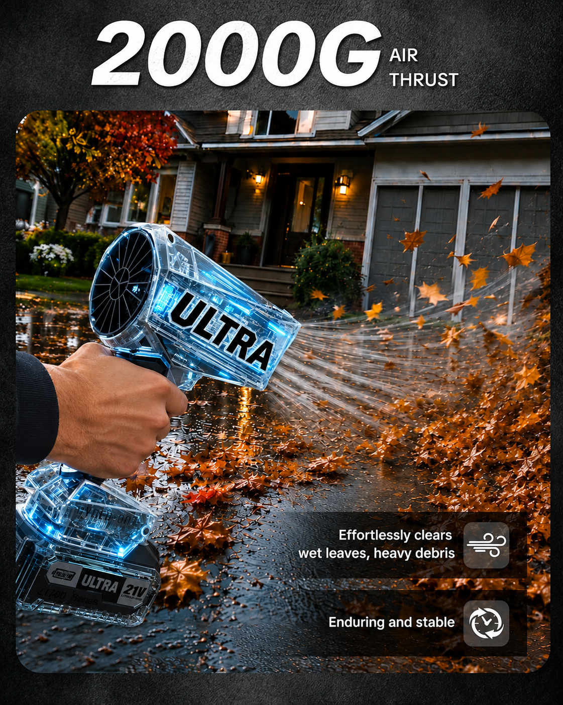 Ultra Cyber Cordless Leaf Blower — 2000G Turbo Jet, 21V 4.0Ah Battery & Charger Included