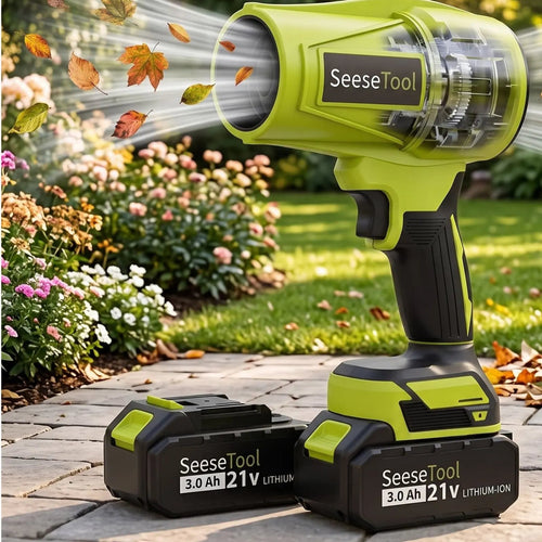 Ultra cordless leaf blower with 21V batteries in a garden